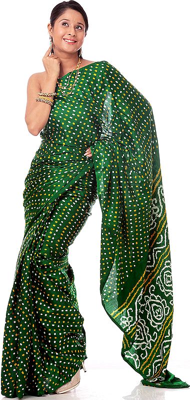 Green Bandhani Tie-Dye Sari with from Gujarat