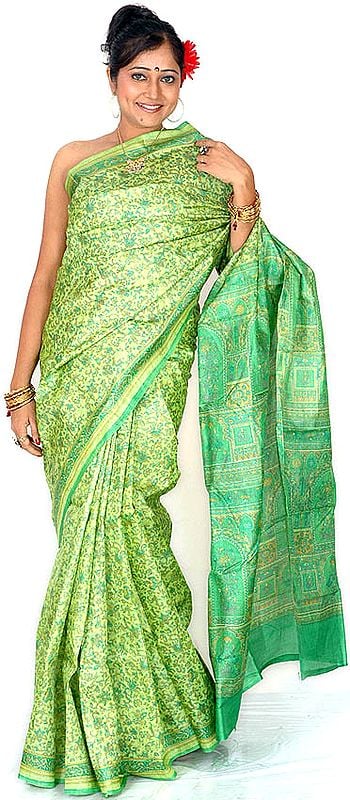 Green Block Printed Sari from Kolkata