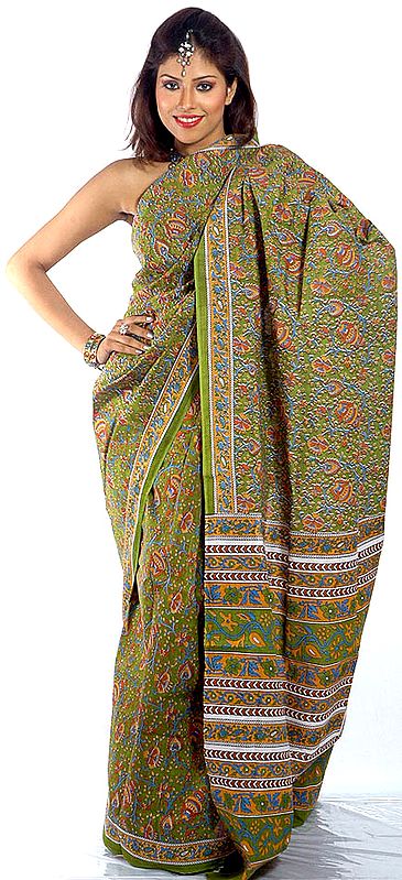 Green Block-Printed Kalamkari Sari from Andhra Pradesh