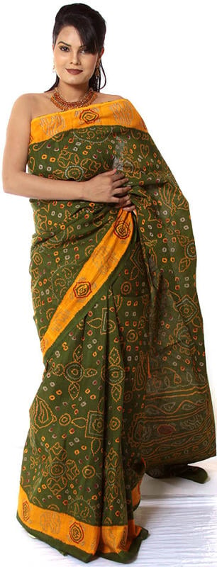 Green Block-Printed Kalamkari Sari from Andhra Pradesh