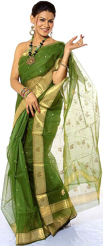 Green Chanderi Sari with Golden Border and Bootis