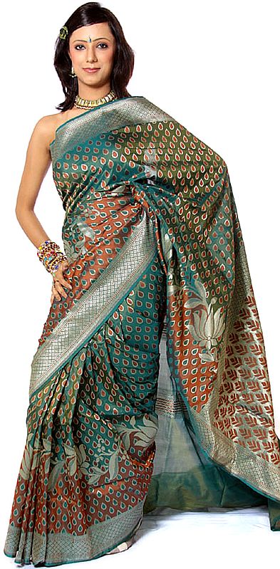 Green Designer Banarasi Sari with Lotuses Woven by Hand