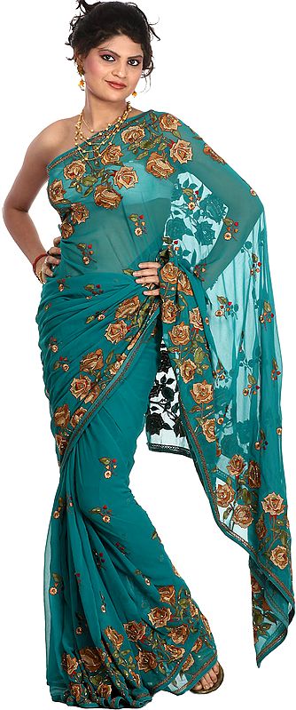 Green Designer Sari with Embroidered Roses and Sequins