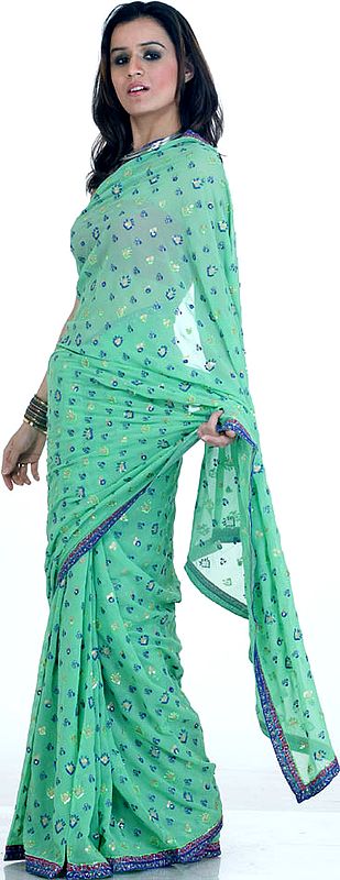 Green Designer Sari with Painted Bootis and Sequins