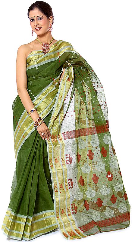 Green Hand-woven Dhakai Sari from Kolkata with Wide Border