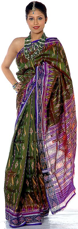 Green Ikat Sari Hand-Woven in Pochampally