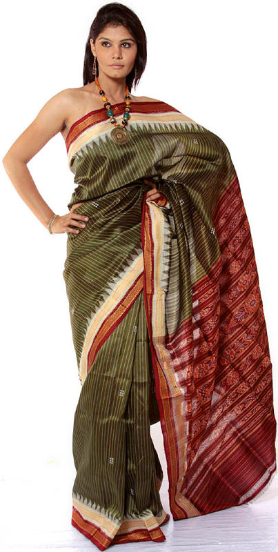 Green Ikat Sari Hand-Woven in Pochampally