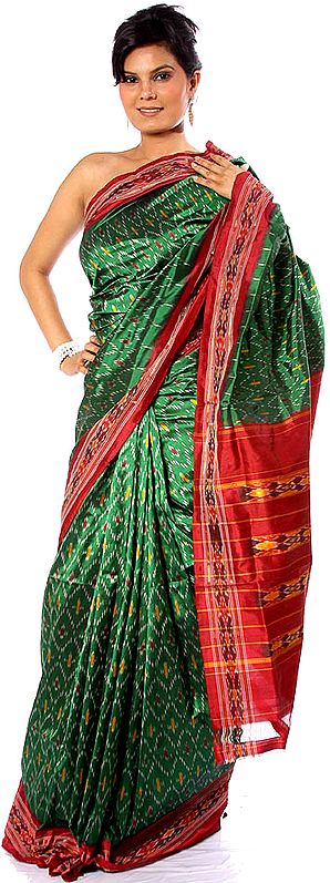 Green Ikat Sari Hand-woven in Pochampally Village