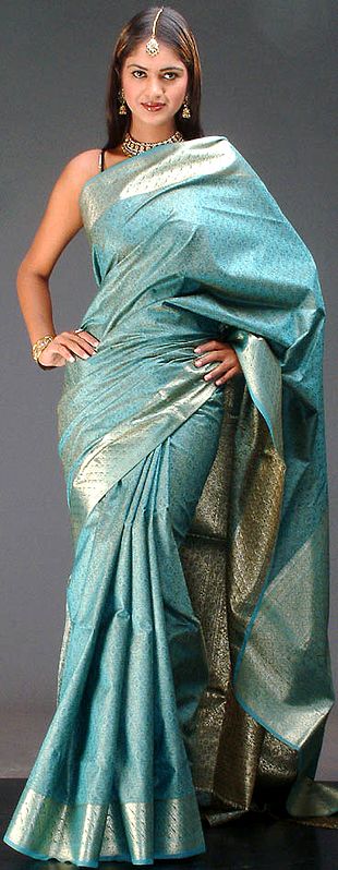 Sky-Blue Jamawar Sari with Tanchoi Weave