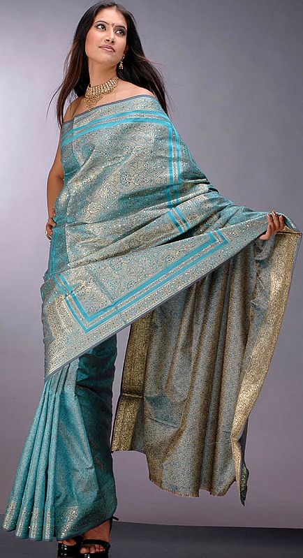 Green Jamawar Tanchoi Sari with Sequins