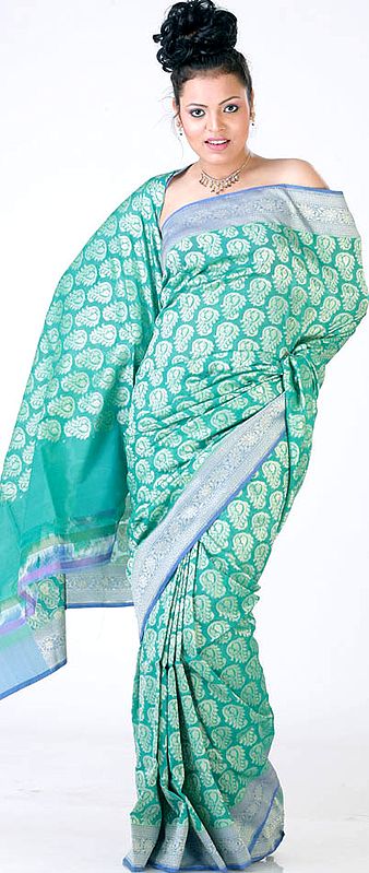 Green Jamdani Sari from Banaras with All-Over Golden Zari Woven Bootis