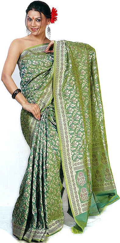 Green Jamdani Sari from Banaras with All-Over Leaves Woven by Hand on a Jacquard Loom