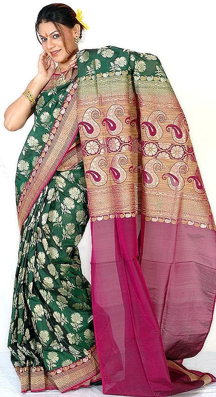 Green Jamdani Sari from Banaras with Large Floral Bootis and Jute Weave on Anchal