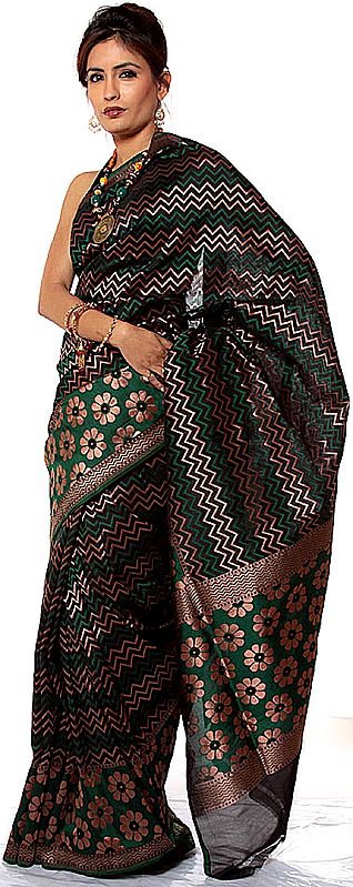 Green Jamdani Sari from Banaras with Woven Flowers in Copper Colored Thread