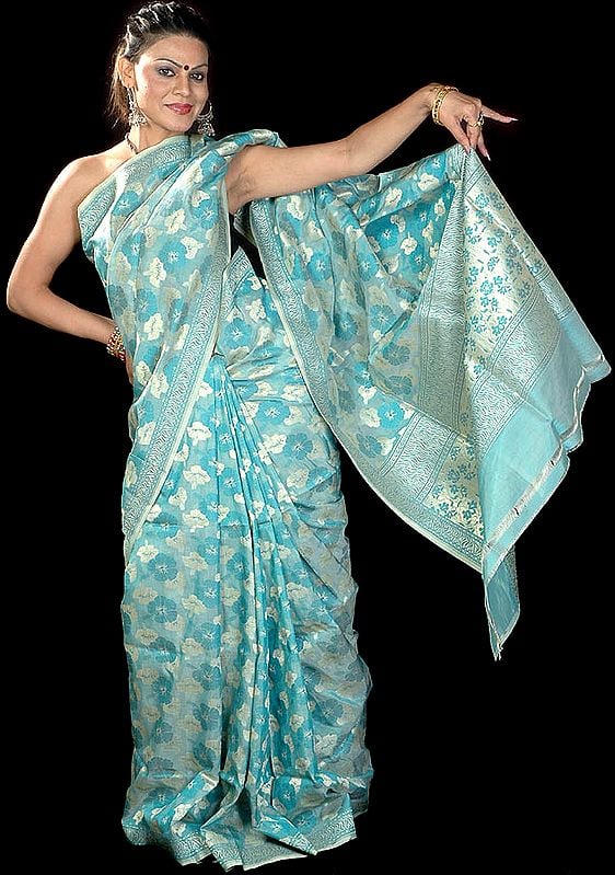 Green Jamdani Sari with All-Over Hand-Woven Flowers in Golden Thread