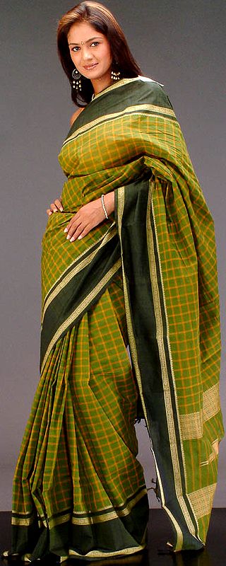 Green Kanji Cotton Sari with Checks