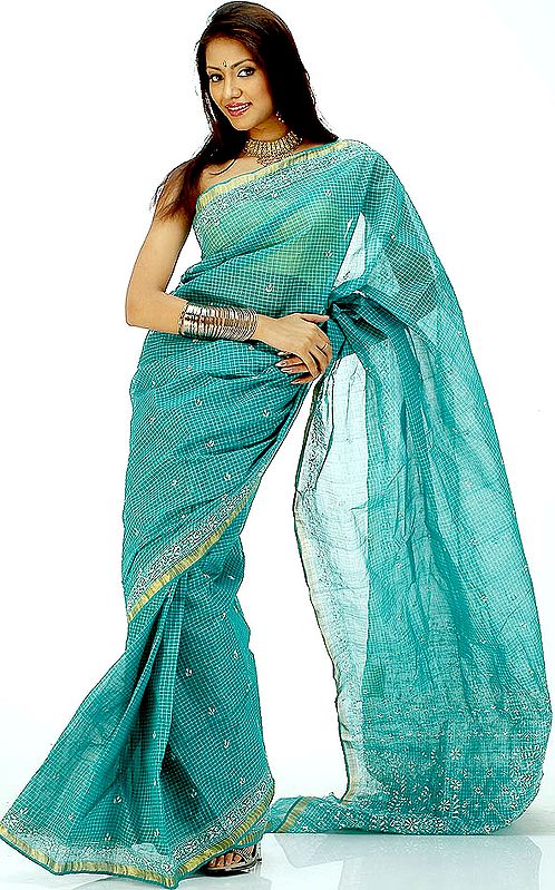 Green Kantha Sari with Checks