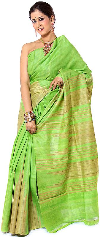 Green Kosa Silk Sari from Jharkhand with Giant Temple Weave