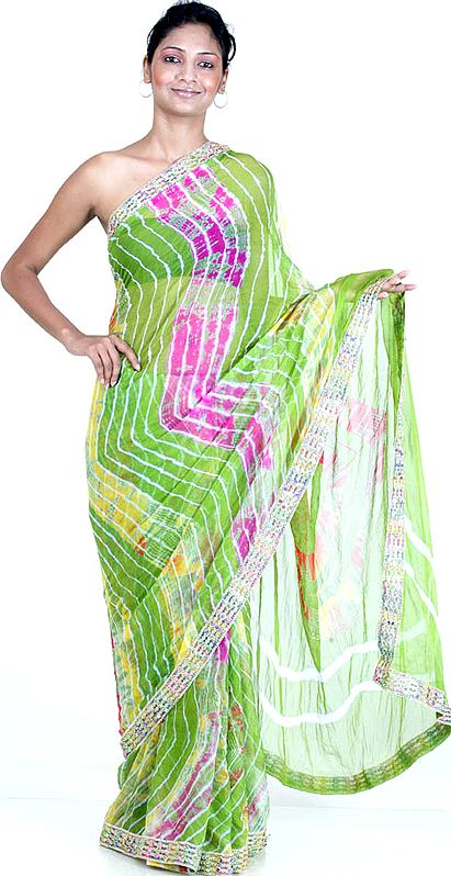 Green Leheria Sari from Gujarat with Gota Border