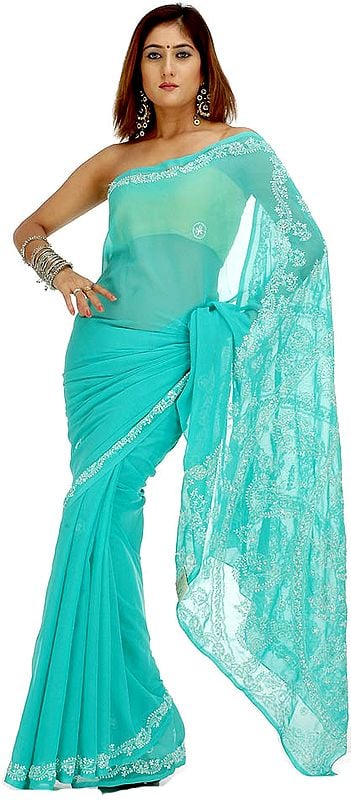 Green Lukhnavi Chikan Sari with Sequins