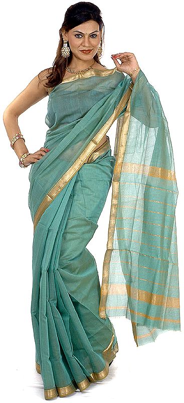 Green Maheshwari Sari with Pin Stripes