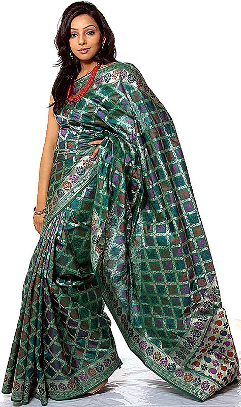 Green Meenakari Sari from Banaras with All-Over Multi-Color Weave by Hand