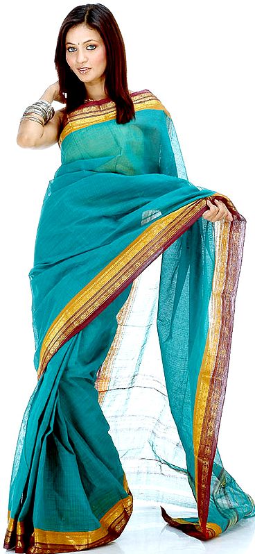 Green Narayanpet Cotton Sari with Fine Checks