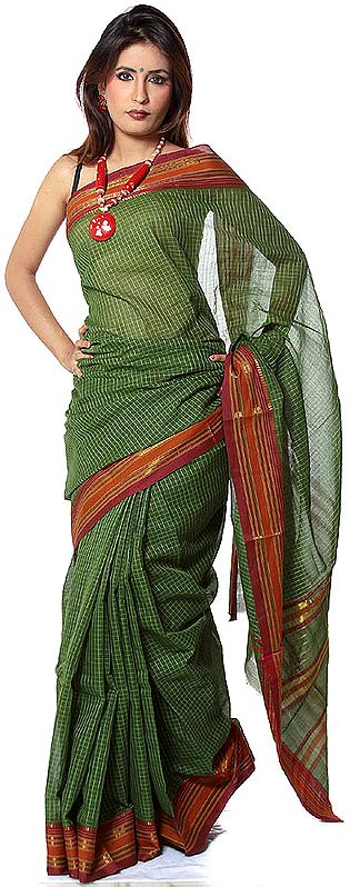 Green Narayanpet Sari with Checks