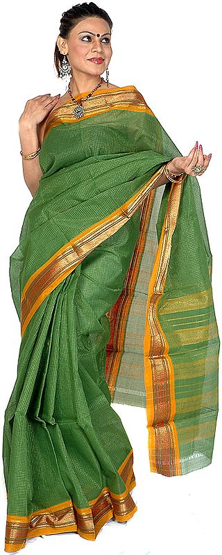 Green Narayanpet Sari with Fine Checks