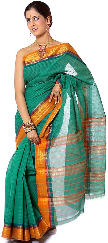 Green Narayanpet Sari with Fine Checks