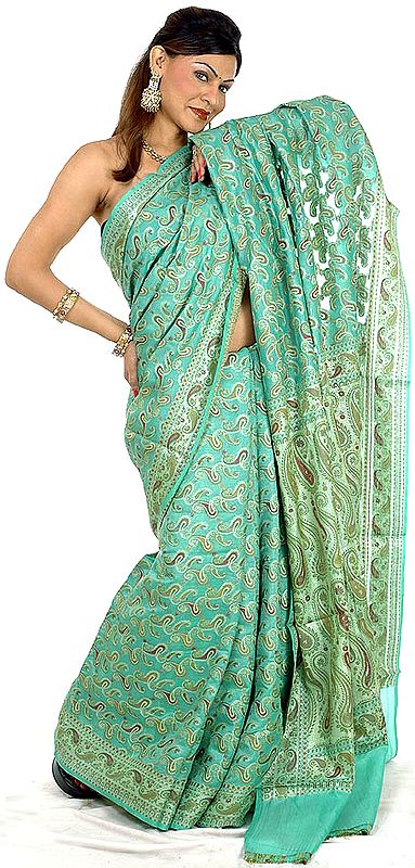 Green Paisley Jamdani Sari Hand-Woven in Banaras