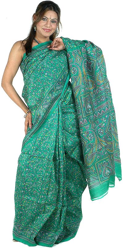 Green Paisley Printed Designer Sari from Kolkata