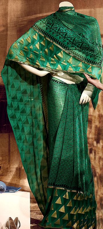 Green Printed Sari with Golden Triangles