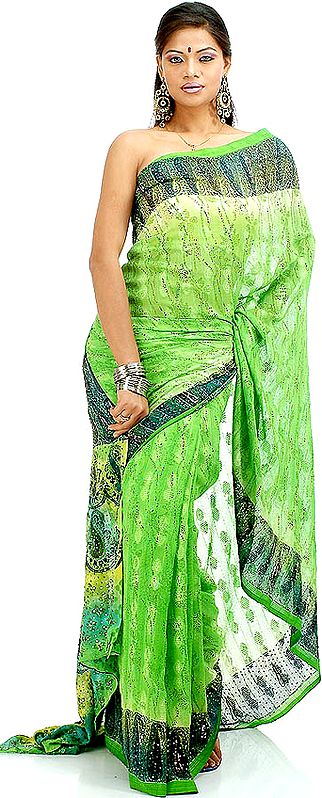 Green Printed Sari with Sequins