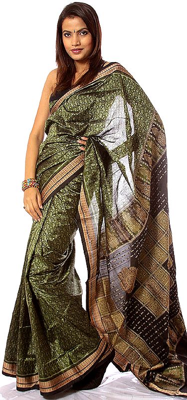 Green Sambhalpuri Sari with Ikat Weave All-Over
