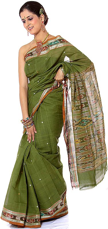 Green Sari from Kolkata with Ikat Border and Anchal