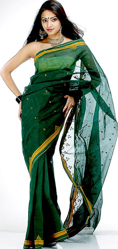 Green South Cotton Sari with Orange Thread Weave