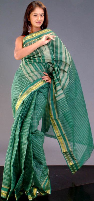 Green South Cotton Sari with Pin Stripes