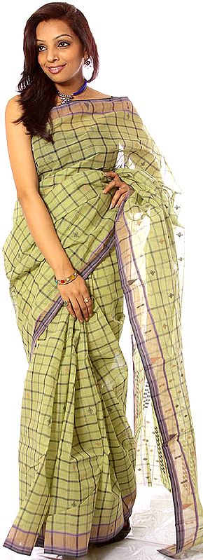 Green Tengail Sari from Calcutta with Woven Checks