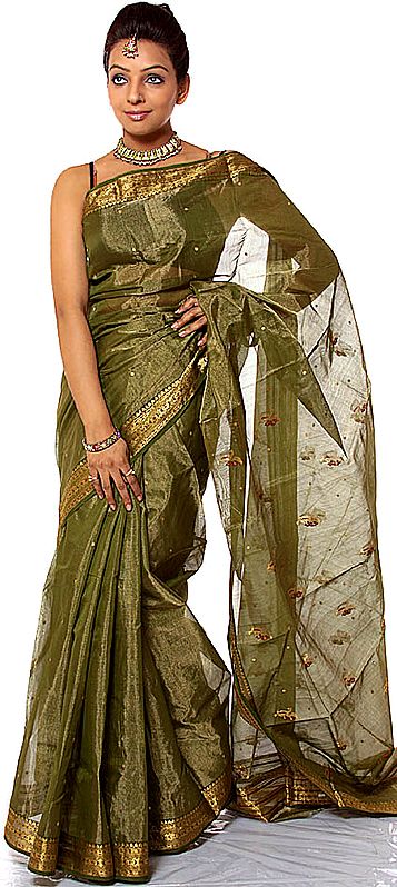 Green Tissue Chanderi Sari with Golden Thread Weave