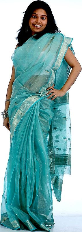 Green Tissue Chanderi Sari with Golden Thread Weave