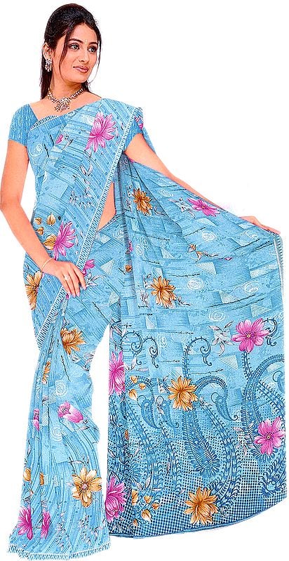 Green-Aqua Sari with Printed Flowers and All-Over Thread Work