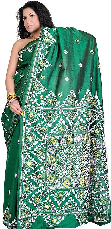 Greener-Pastures Kantha Embroidered Sari from Kolkata with Mirror work
