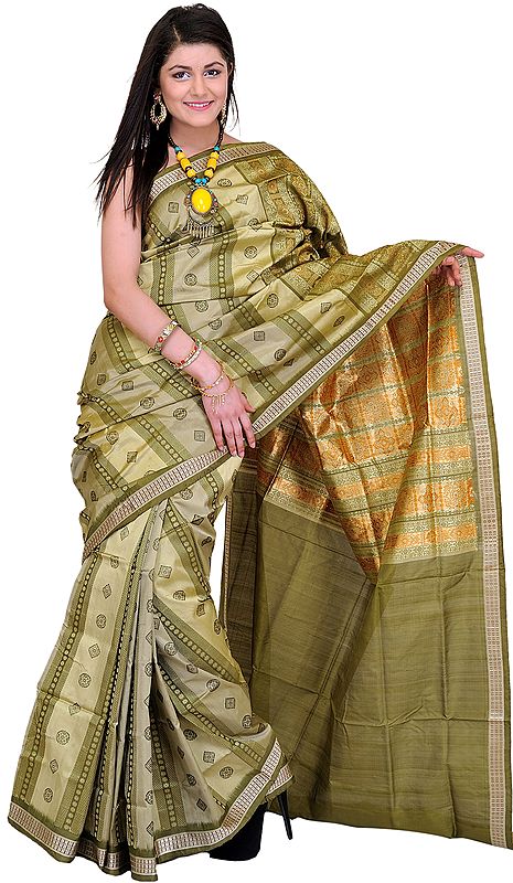 Green-Moss Bomkai Handloom Sari from Orissa with All-Over Weave