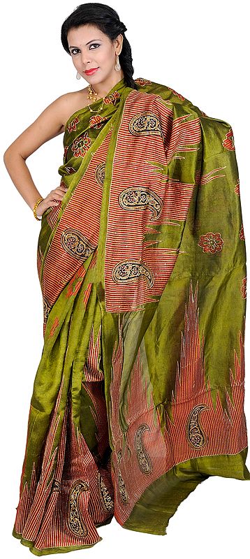 Green-Moss Sari with Embroidered Giant Temples and Paisleys