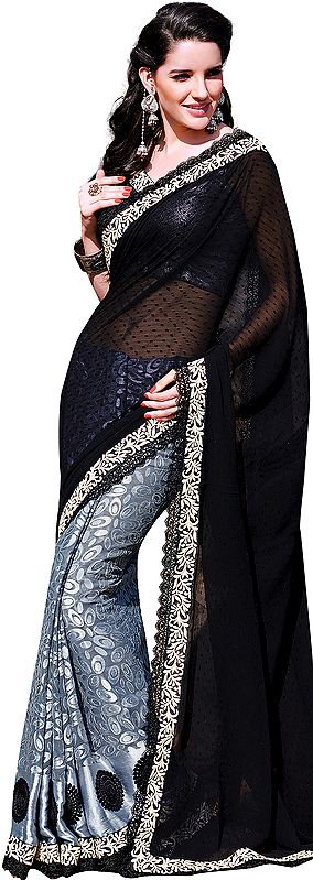 Grey and Black Wedding Sari with Crewel Embroidery and Crochet Border