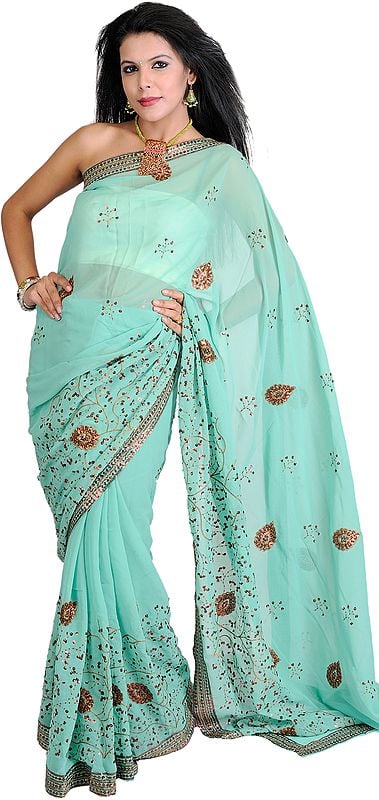 Gumdrop-Green Sari with Embroidered Sequins