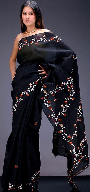 Hand-Embroidered Black Sari from Bengal