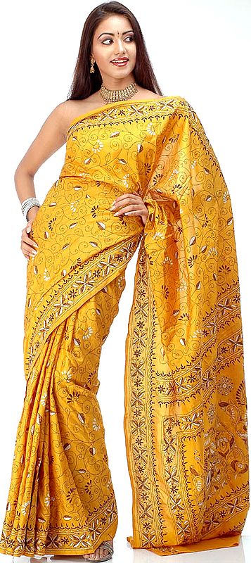 Hand-Embroidered Golden Kantha Stitch Sari