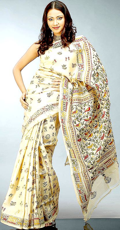 Hand-Embroidered Kantha Stitch Sari with Birds on Pallu